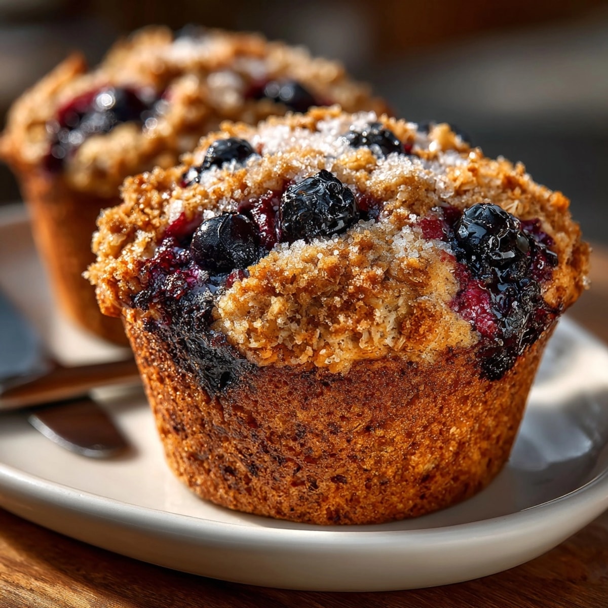 Fluffy Oatmeal Blueberry Breakfast Muffins, warm and bursting with juicy berries for breakfast.
