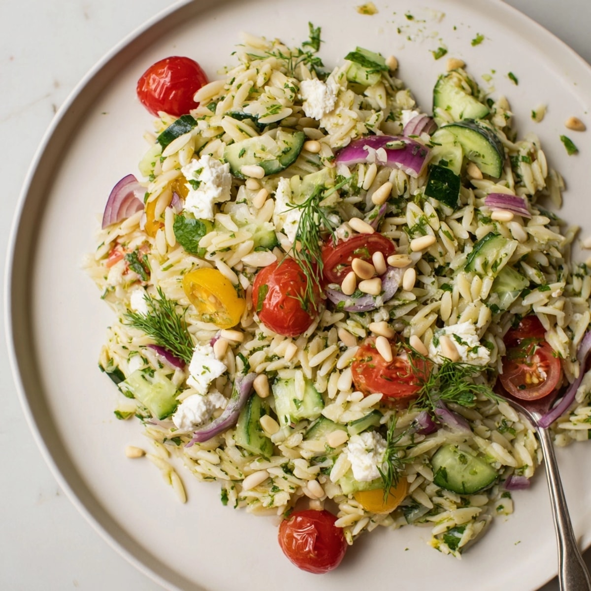 Creamy Lemon Herb Orzo Salad sparkles—easy summer recipe with bright, citrusy flavors.