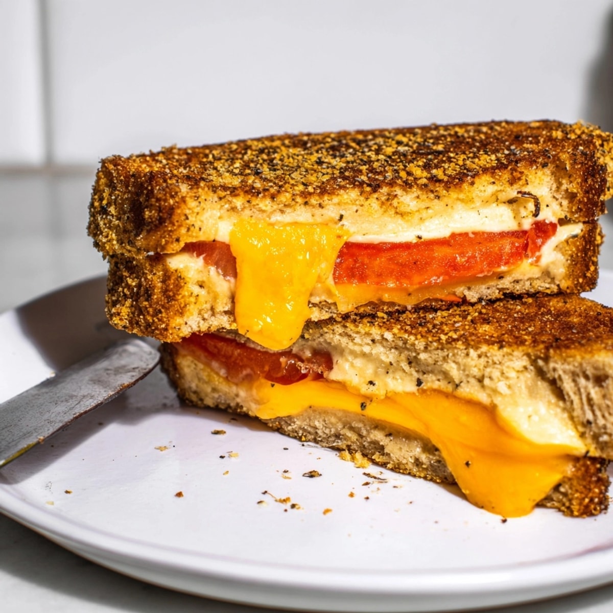 Warm, gooey Mayo-Crusted Grilled Cheese Hack; visible golden crust, perfect with tomato soup.