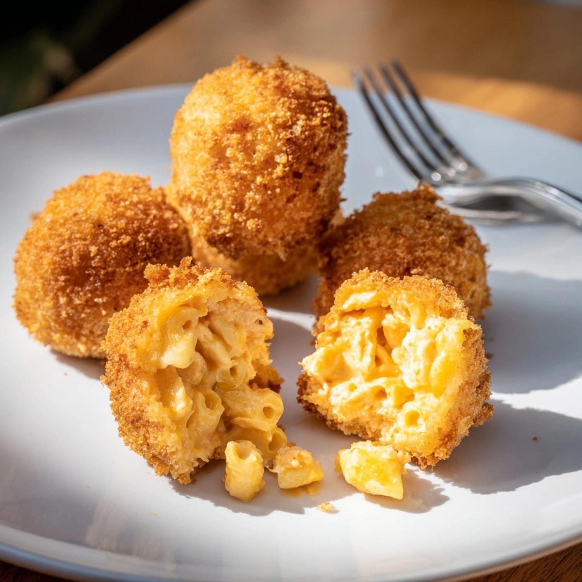 Crispy fried Mac and Cheese Buffalo Chicken Balls, golden brown and ready to serve.