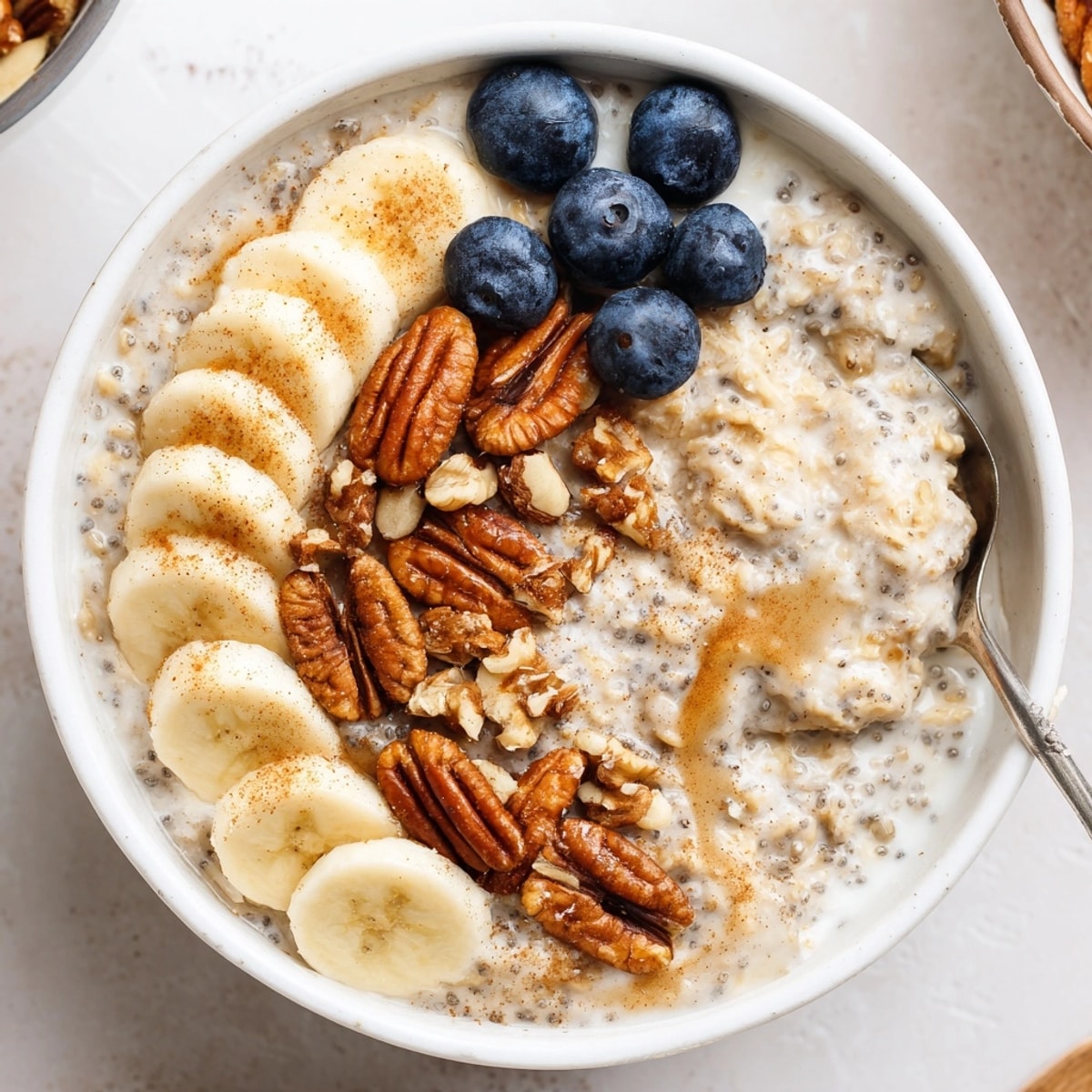 Close-up of Protein Cinnamon Crunch Oatmeal: a swirl of creamy oats and crunchy nuts.