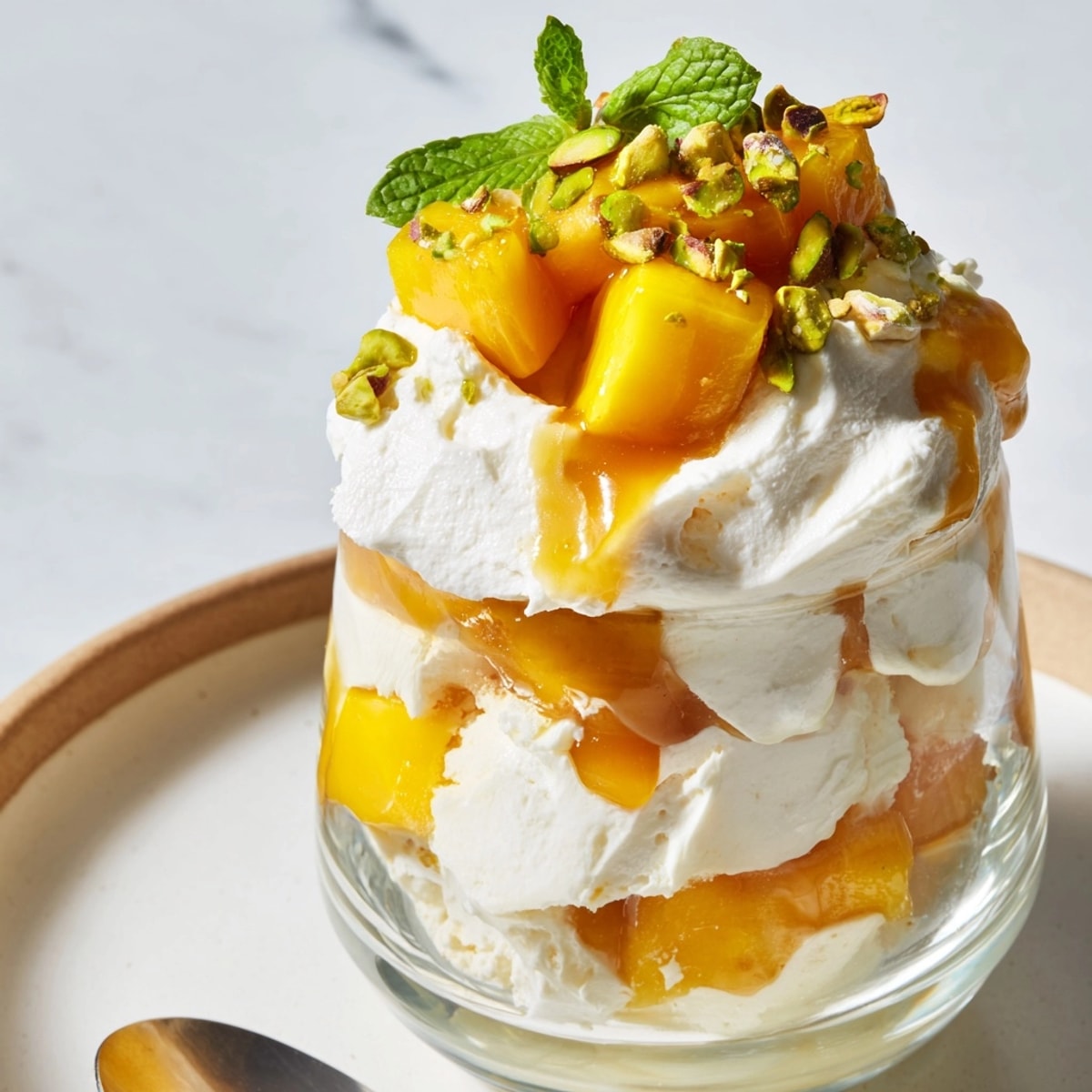 Creamy Mango Caramel Ricotta Parfait layers in a glass, dripping with butterscotch sauce.