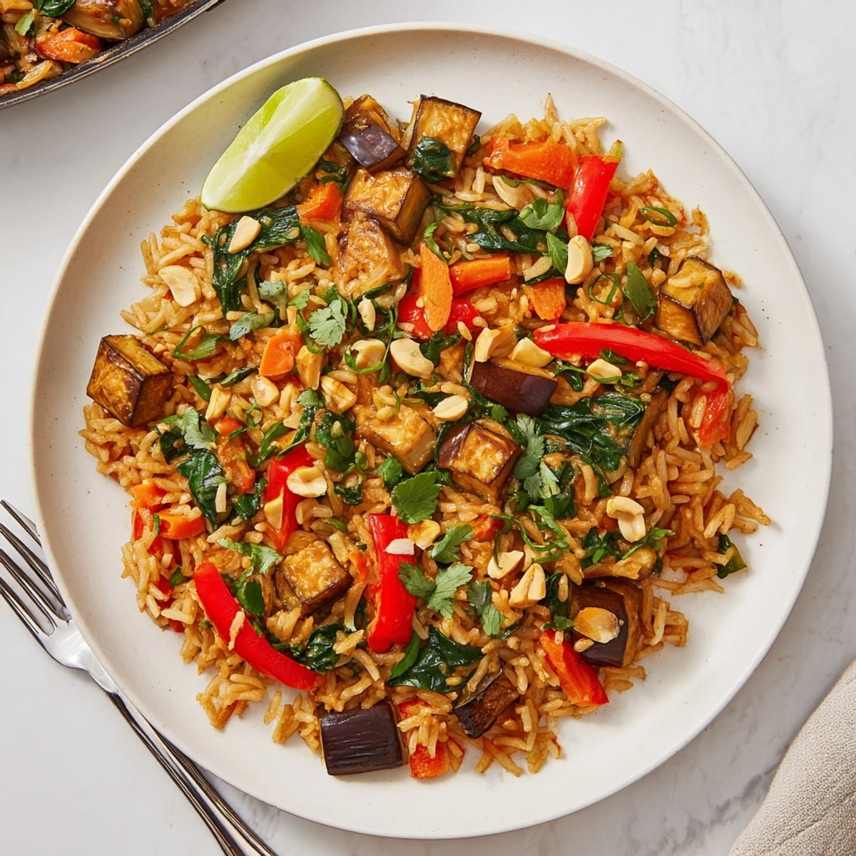 Close-up of the baked Thai Peanut Eggplant Rice Bake, garnished with lime and cilantro.
