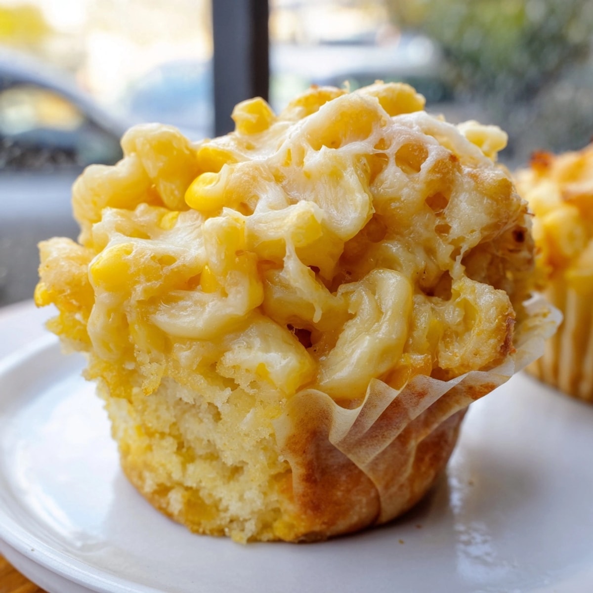 Golden-brown Mac and Cheese Sweet Corn Muffins, fresh from the oven, ready to enjoy.