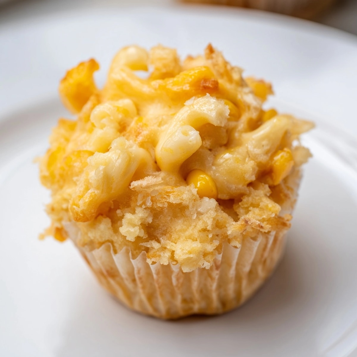 View of creamy Mac and Cheese Sweet Corn Muffins, speckled with corn kernels.