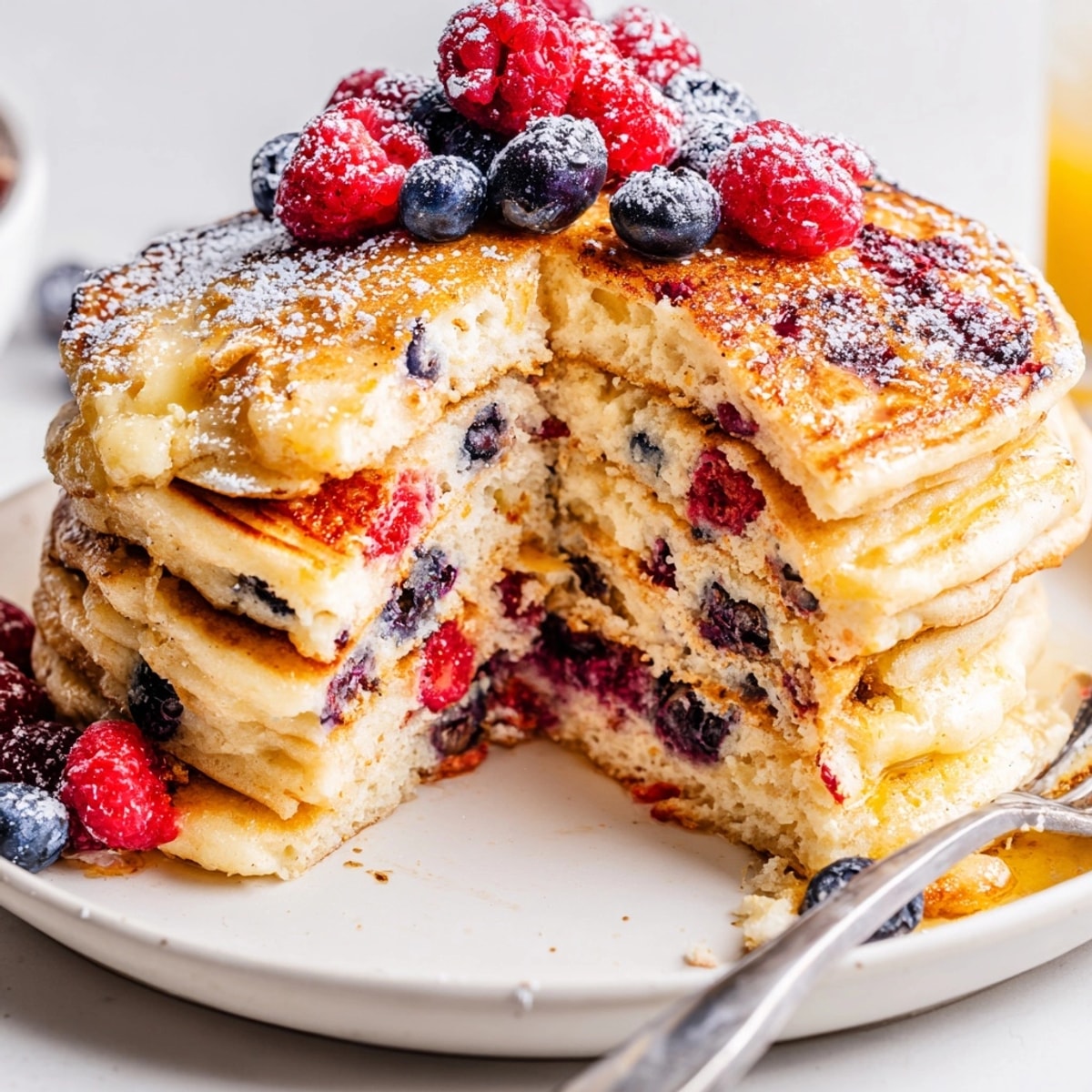 Golden Ricotta Berry Orange Pancakes, stacked high and dusted with sugary sweetness.