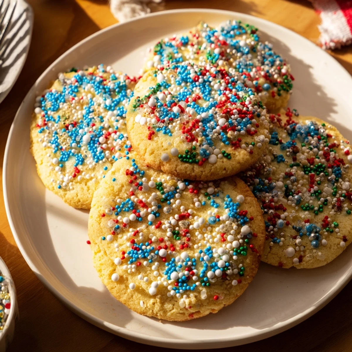 Soft and buttery Festive Hanukkah Sprinkle Christmas Cookies freshly baked and vibrant with sprinkles.  
