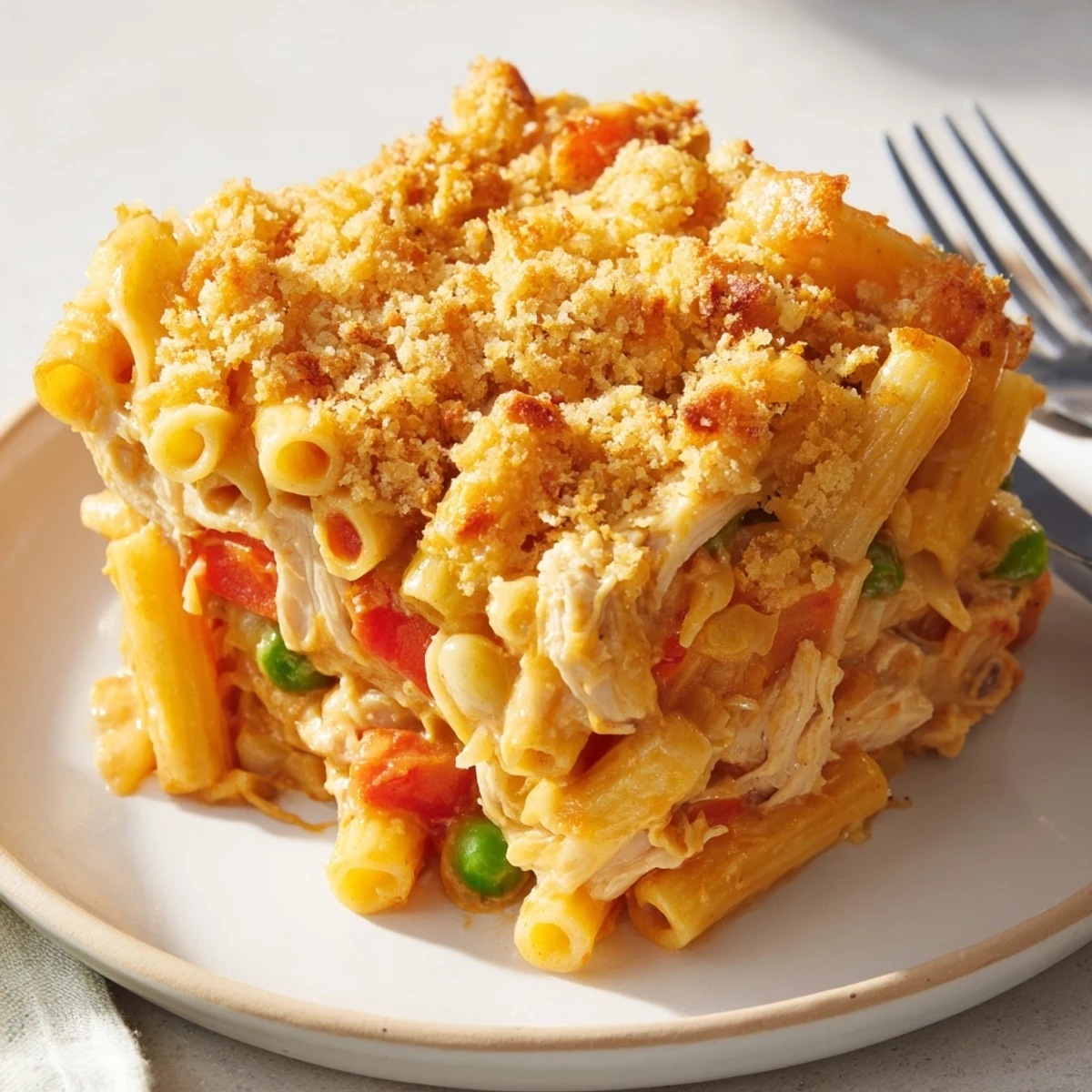 A comforting dish of Japanese curry pasta bake, golden and bubbling from the oven.  