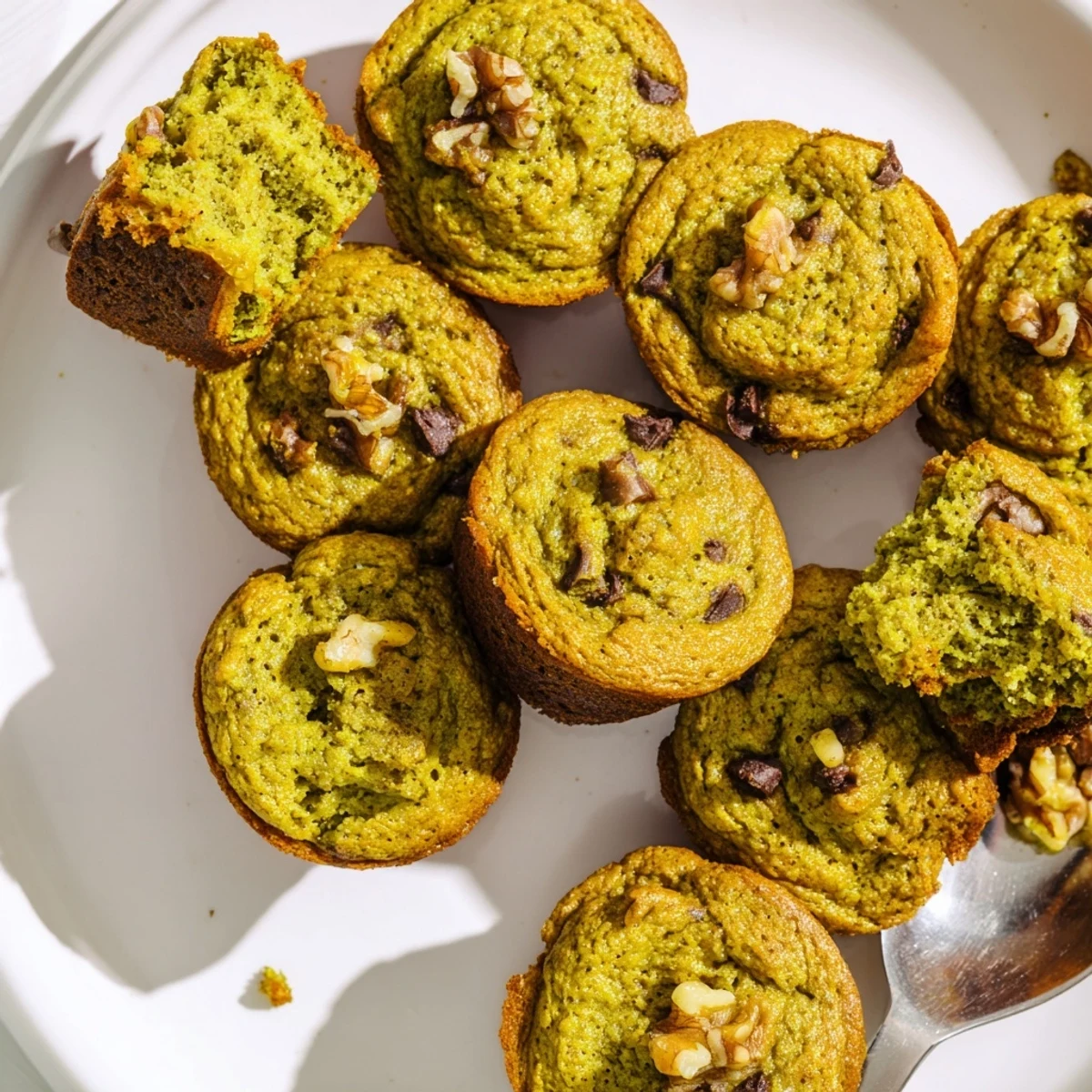 Savory sweet matcha pumpkin muffin cookie bites topped with chocolate chips and nuts.
