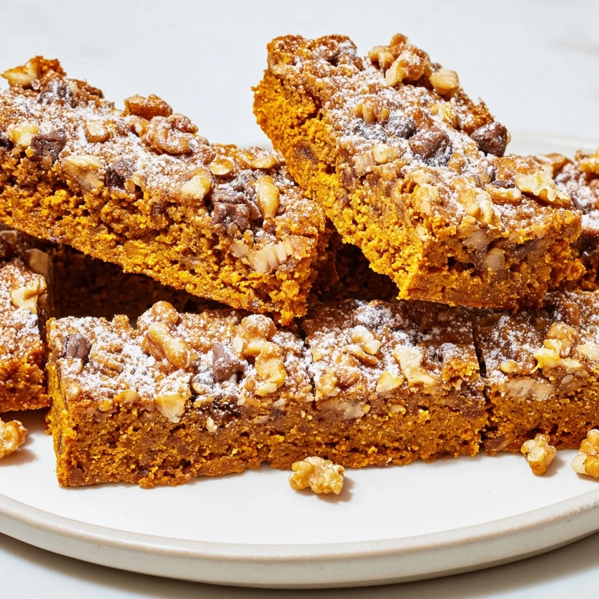 Moist Holiday Snack Pumpkin Nut Bars topped with walnuts, perfect for cozy gatherings.  