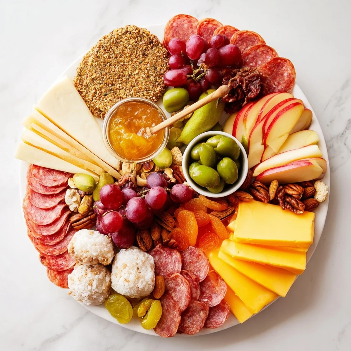 Colorful meats, cheeses, and mochi donut holes create a festive party centerpiece.  