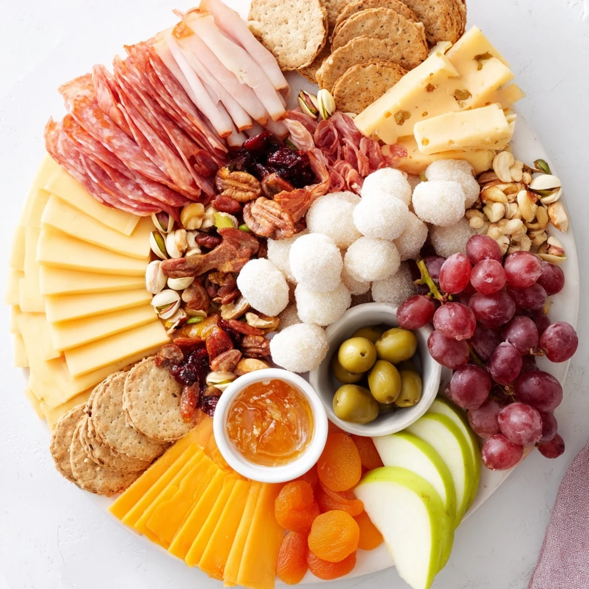 Delicious charcuterie board featuring sweet mochi donut holes for a unique treat.
