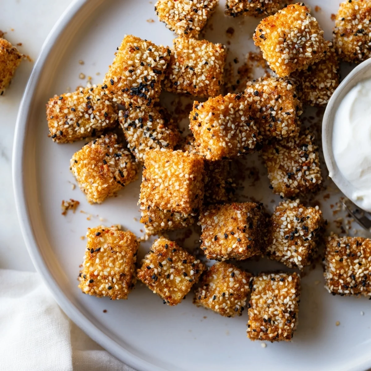 Savory tofu bites glistening with a crispy sesame crust, perfect for dipping.  