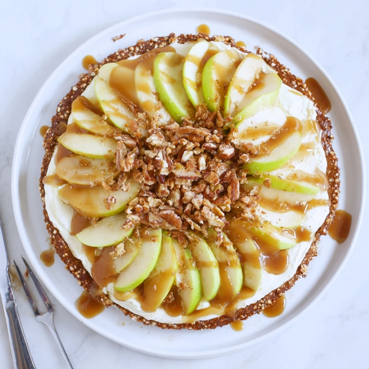 Indulge in a sweet, gooey caramel apple pizza with a crunchy pretzel base.  