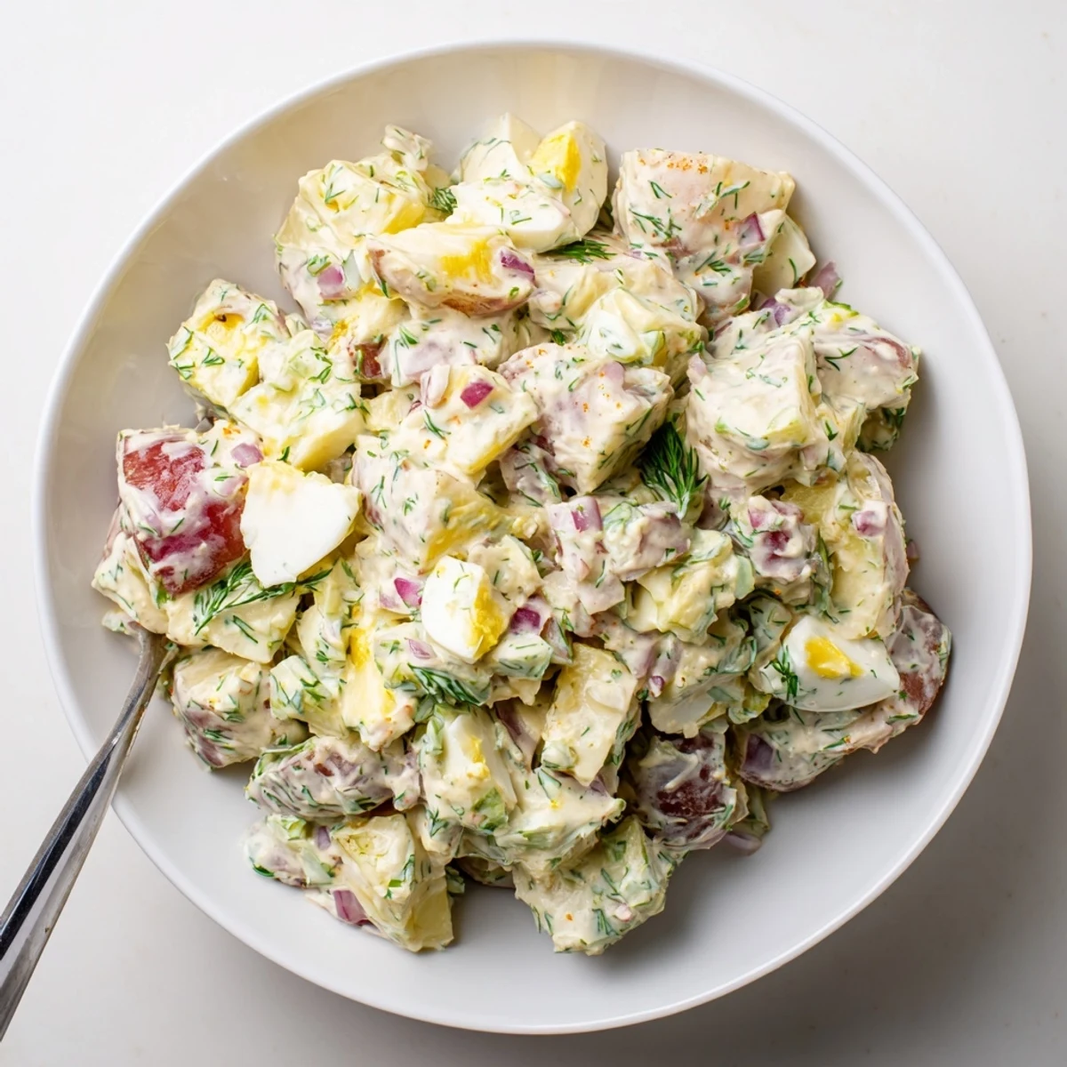 Creamy Spicy Pickle Ranch Potato Salad with colorful veggies and a zesty kick.  