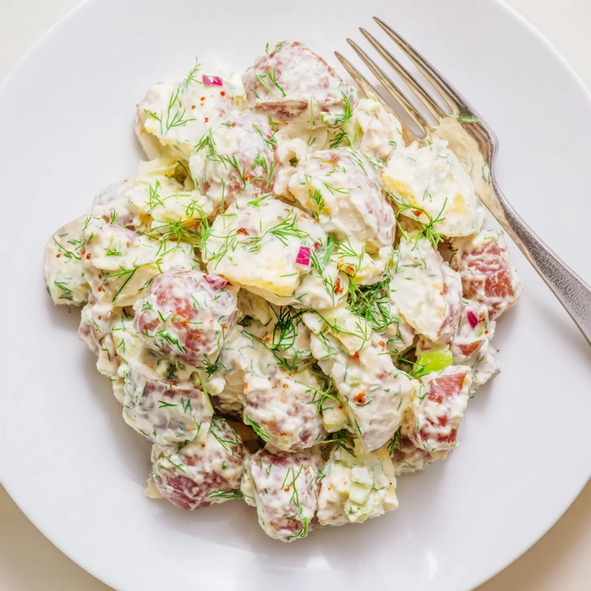 Refreshing and vibrant Spicy Pickle Ranch Potato Salad served chilled, perfect for picnics.  
