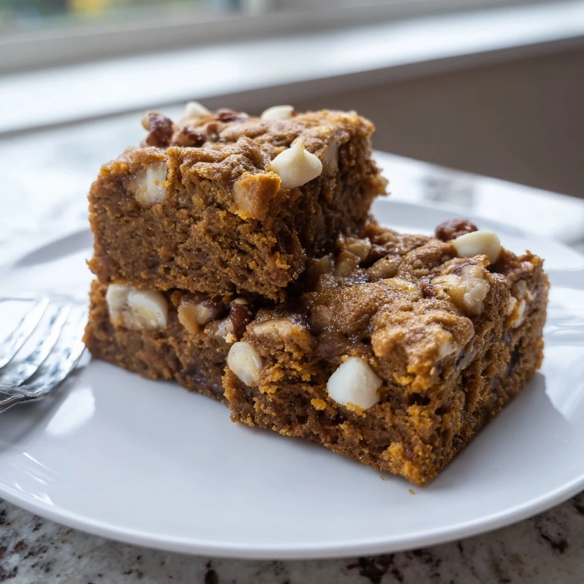 Chewy Maple Bourbon Pumpkin Blondies infused with warm spices, ideal for cozy gatherings.