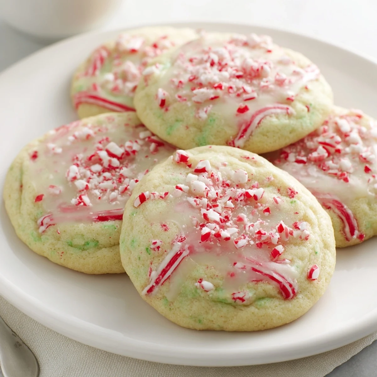 Festive soda float cookies, drizzled with glaze and garnished with peppermint pieces.