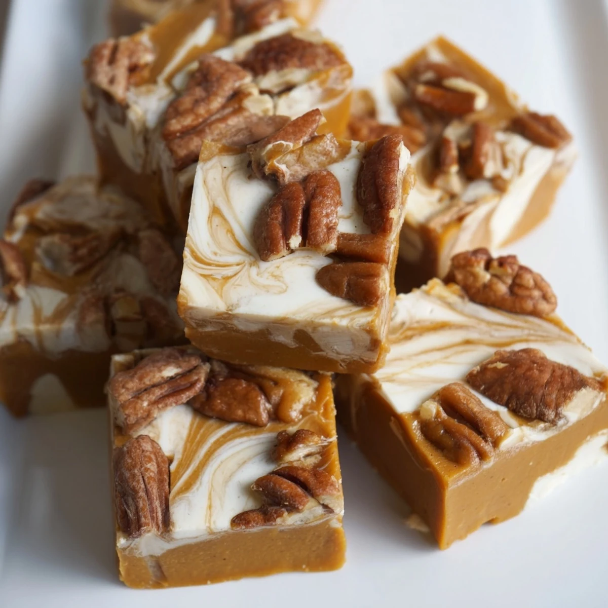 Creamy Mocha Pumpkin Praline Fudge topped with crunchy caramelized pecans, perfect for fall.  