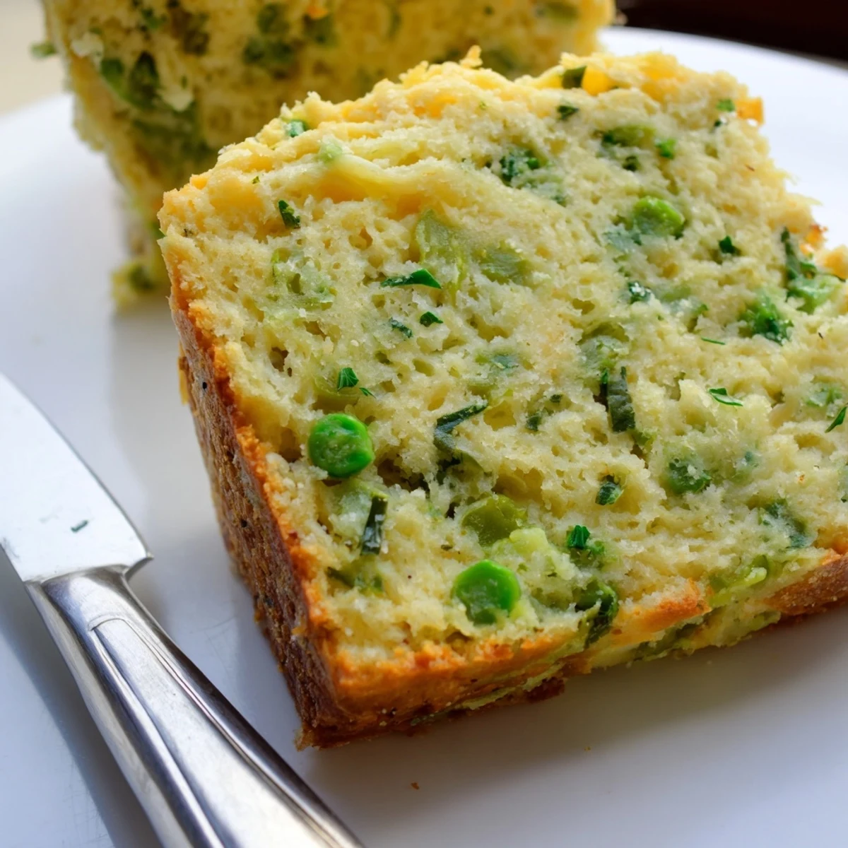 Slices of Snap Pea Cheddar Muffin Loaf drizzled with cream and fresh herbs.