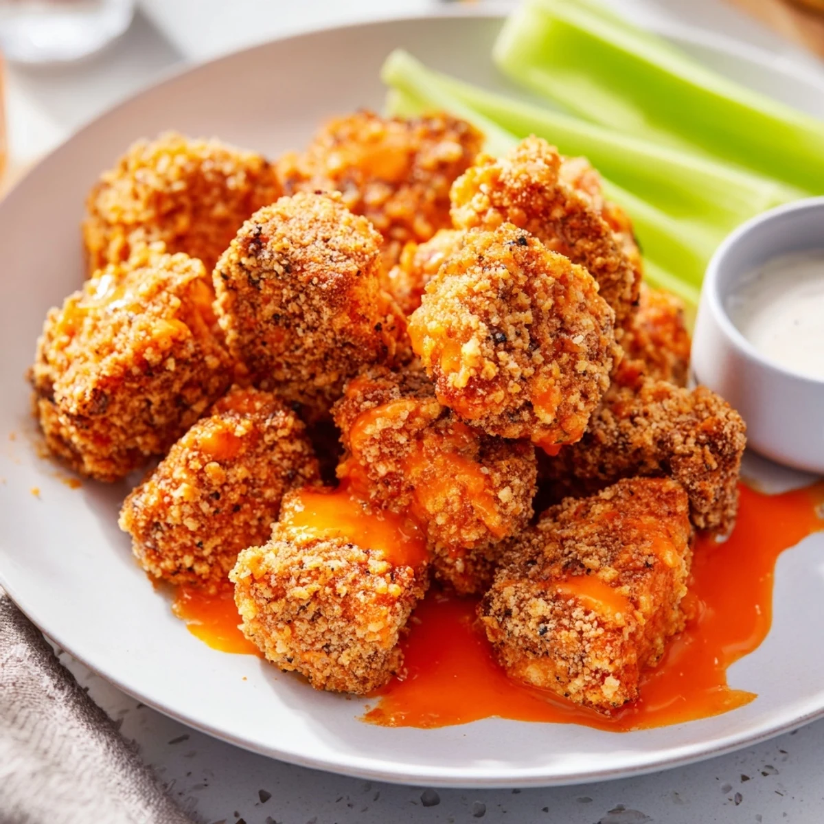 Crispy Spicy Pretzel Crusted Buffalo Bites served with celery and ranch dressing.