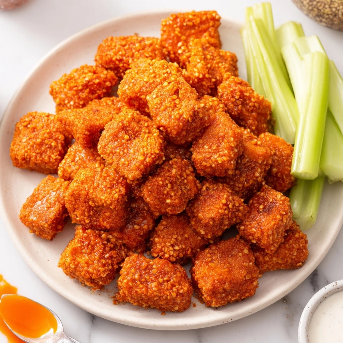 Mouthwatering Spicy Pretzel Crusted Buffalo Bites drizzled in tangy hot sauce sauce.