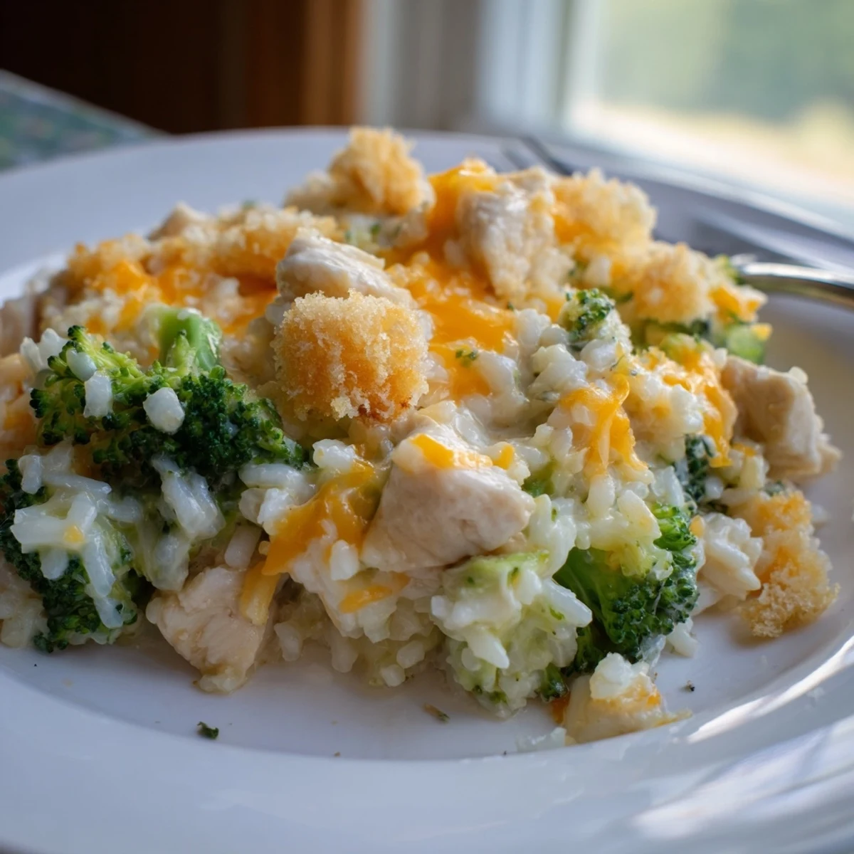Comforting Broccoli, Rice, Cheese, and Chicken Casserole, featuring vibrant broccoli and creamy cheddar.  