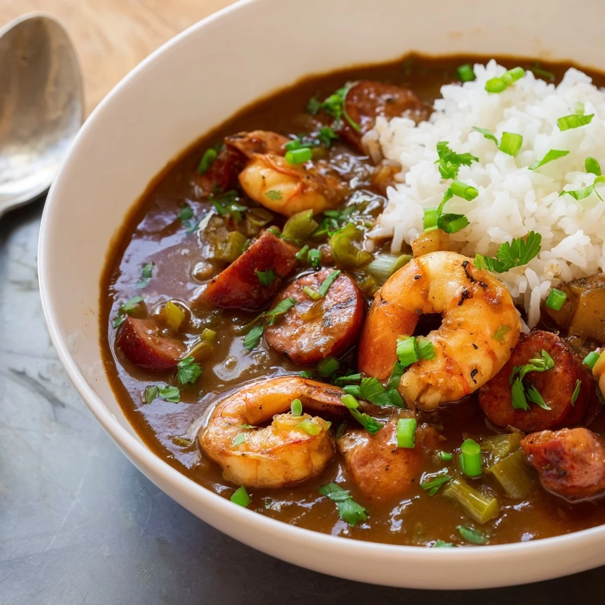 A steaming bowl of Louisiana Seafood Gumbo, brimming with shrimp and crab delights.  