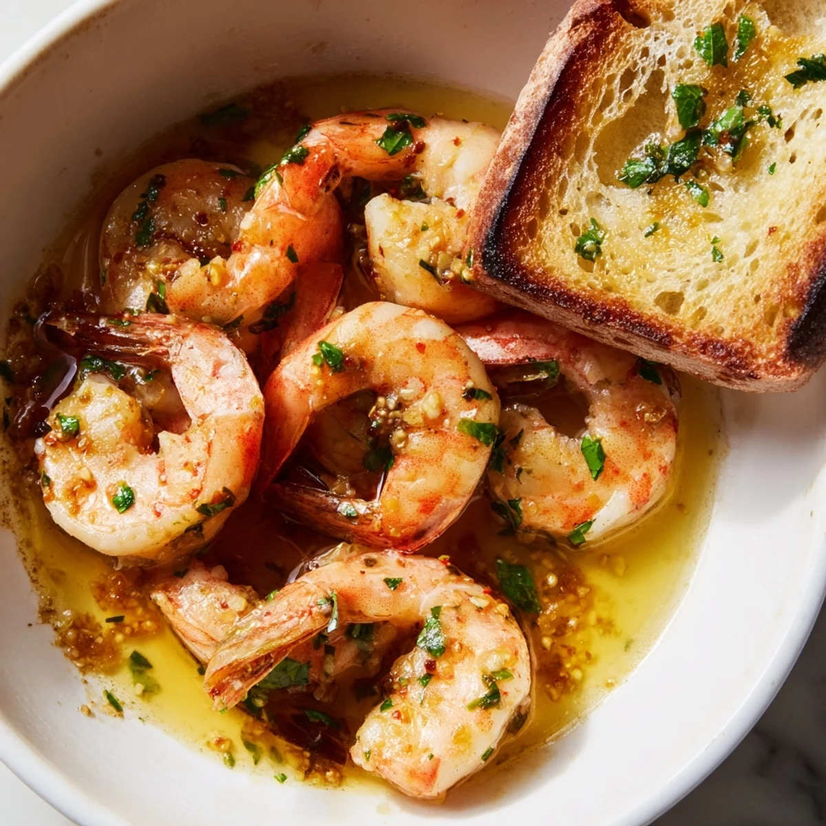 Juicy shrimp scampi bowls with rich garlic sauce and crispy bread served warm.  
