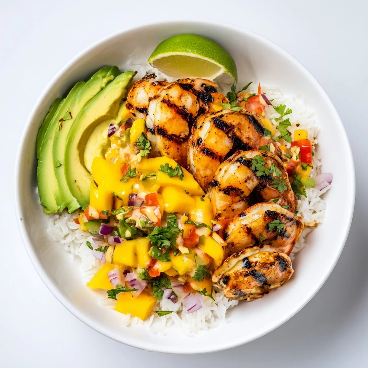 Vibrant Shrimp and Avocado Bowls with Mango Salsa, garnished with fresh cilantro.  
