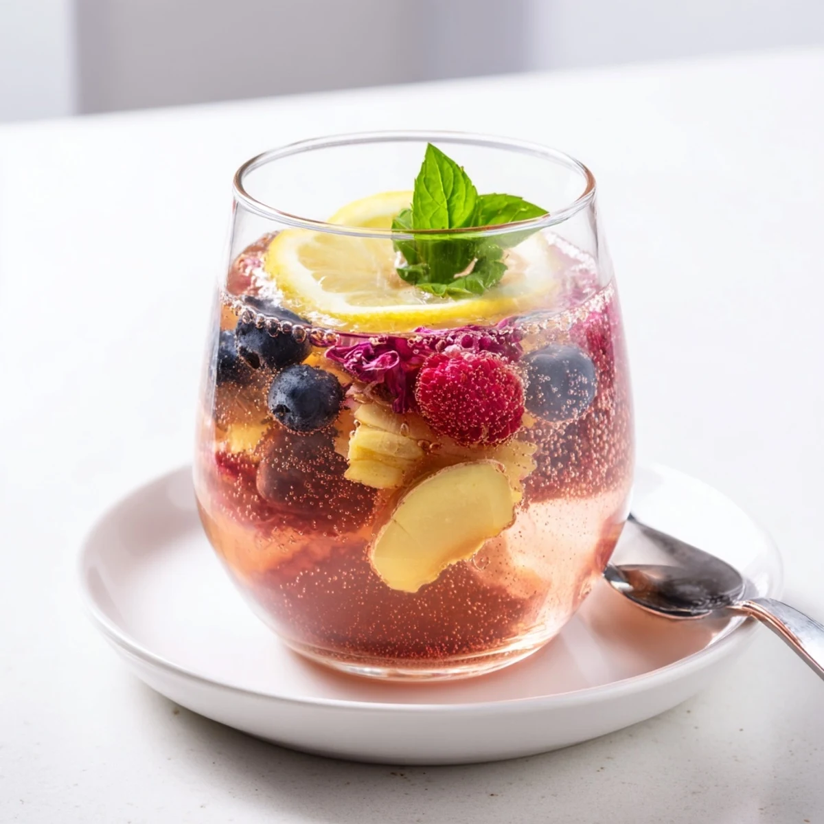 Enjoy fizzy kombucha mocktails served over ice with citrus and mint garnish.