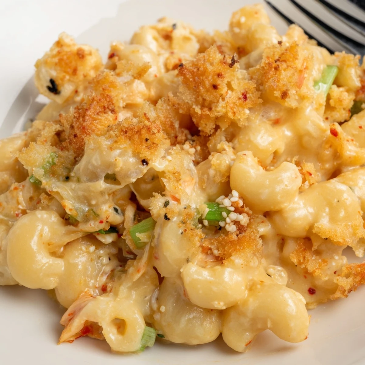 Baked Spicy Kimchi Mac & Cheese features tangy kimchi and a crispy topping.