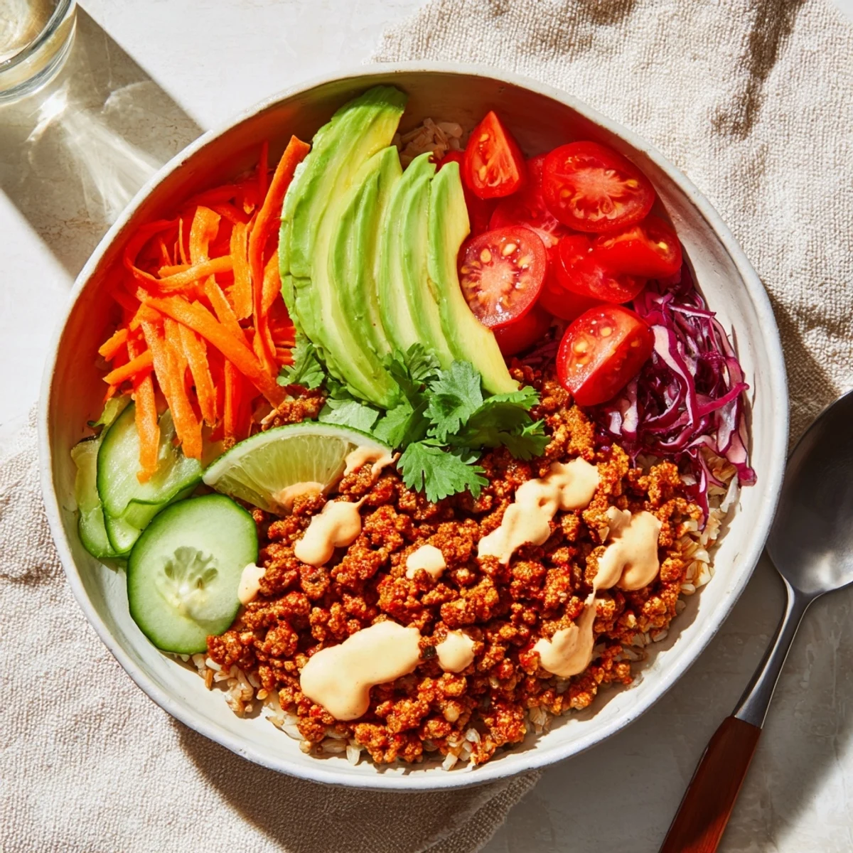 A delicious plant-based meat bowl topped with fresh vegetables and zesty lime.  