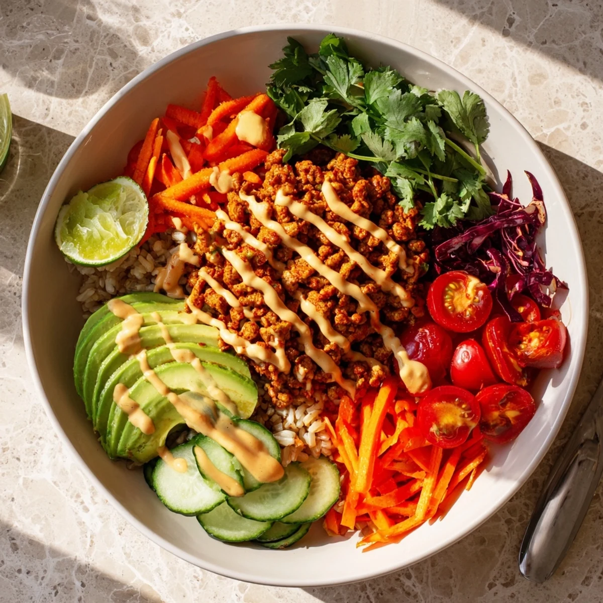 Vibrant plant-based meat bowl featuring colorful veggies and a creamy spicy sauce.  