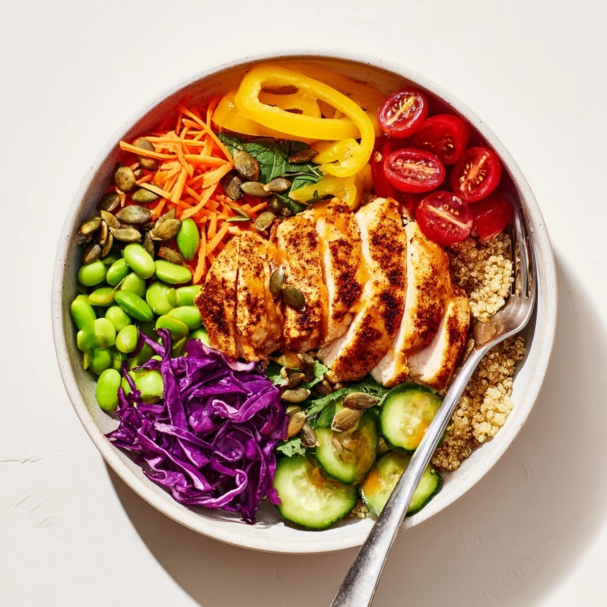 Vibrant Healthy Meal-Prep Bowls showcasing colorful vegetables and lean protein layers.  