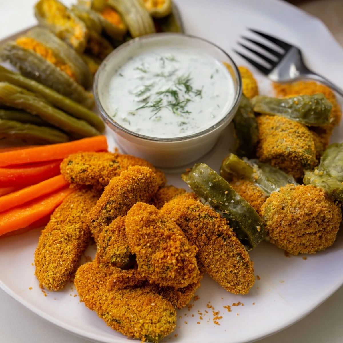 Vibrant platter of fried pickles, pickled veggies, and cheese-wrapped pickles: Pickle Lovers Meal.