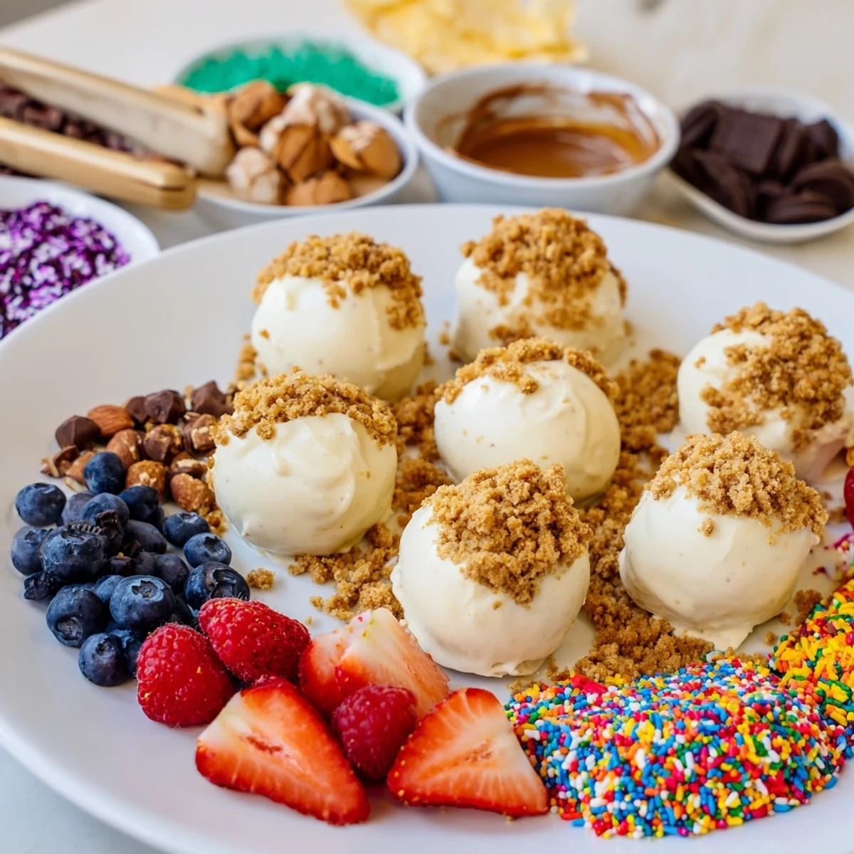 Interactive cheesecake bites dessert board featuring graham cracker crust and rich chocolate ganache.  