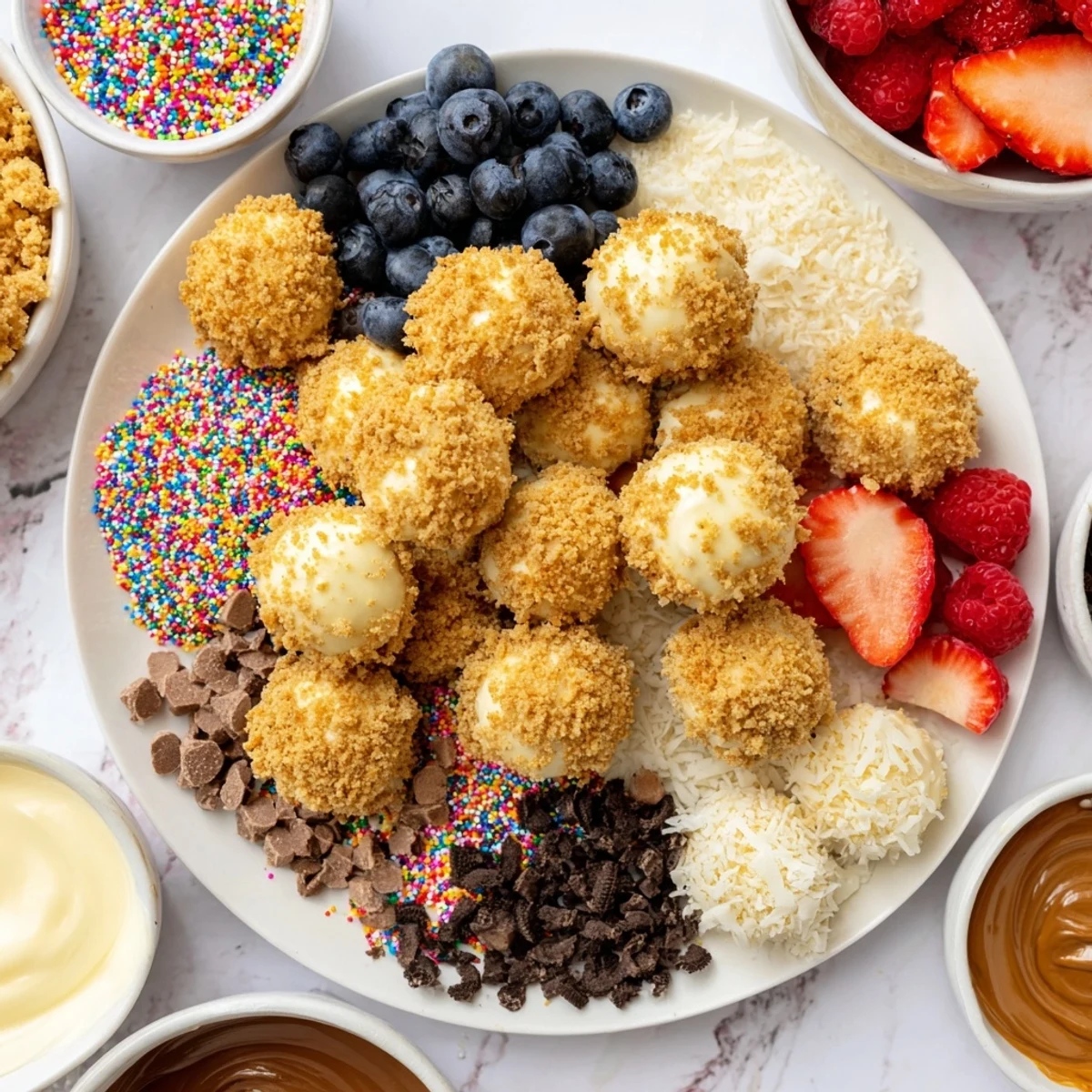 Deconstructed dessert board with creamy cheesecake bites and colorful fresh toppings.  