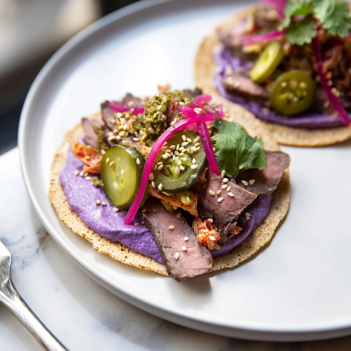 Delicious Global Street-Food Fusion Tacos topped with vibrant ube crema and fresh vegetables.  