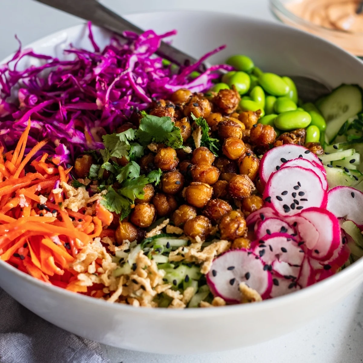 Colorful ASMR Crunch Snack Bowls filled with vibrant veggies and crunchy toppings.  