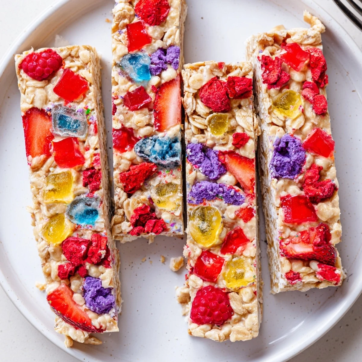 Homemade gummies and crunchy freeze-dried fruits atop a wholesome oat base snack bar.  