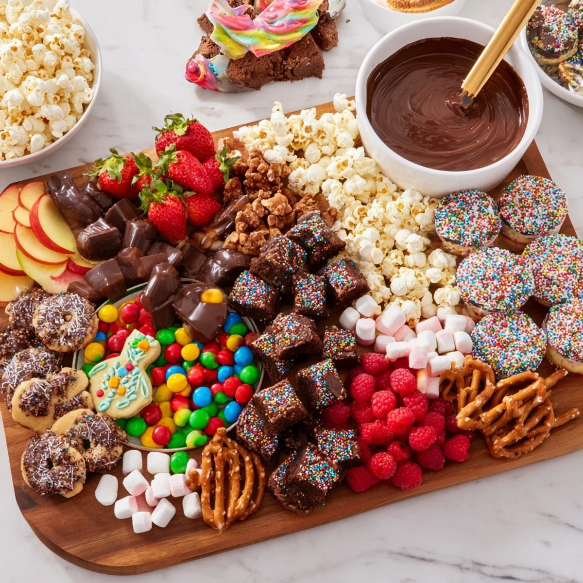 A colorful dessert board with themed snacks and sweet treats for celebrations.  