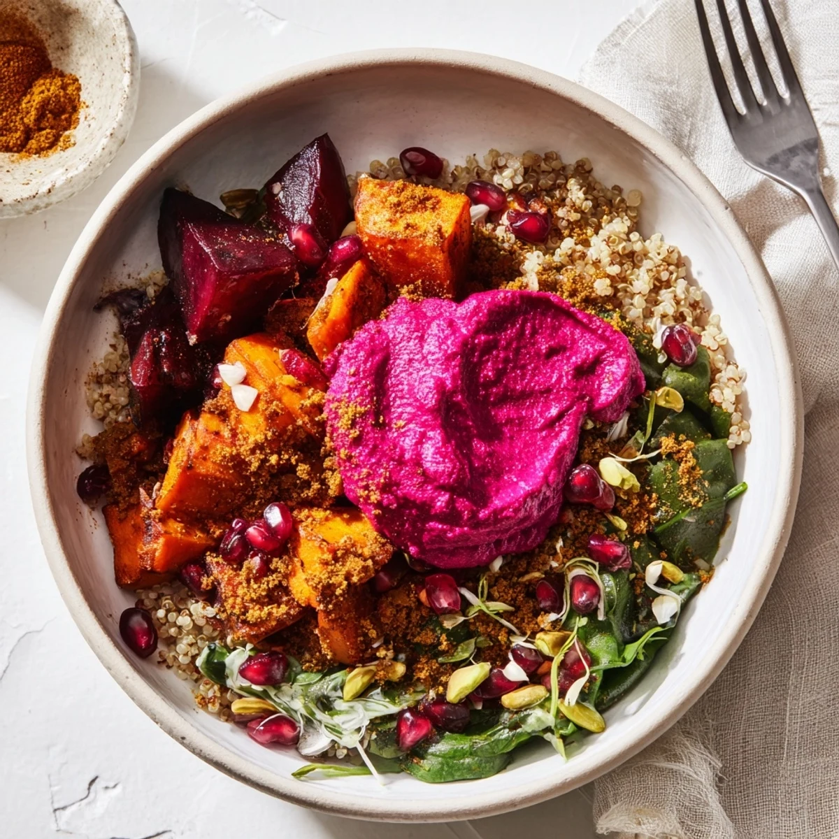 Cozy spiced winter bowls filled with roasted veggies and vibrant ube-coconut purée.  