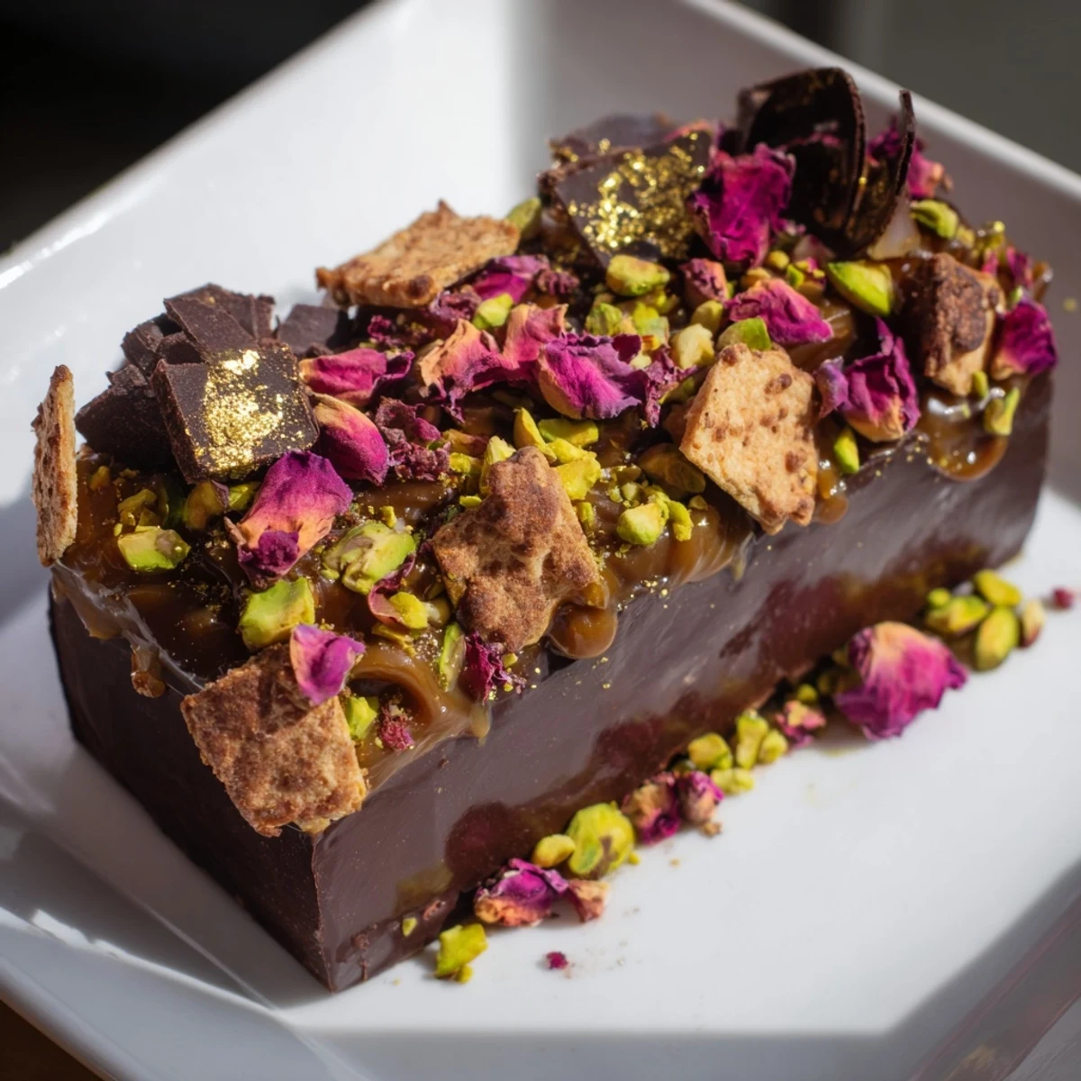 Decadent chocolate bar inspired creations topped with crunchy pistachios and rose petals.  