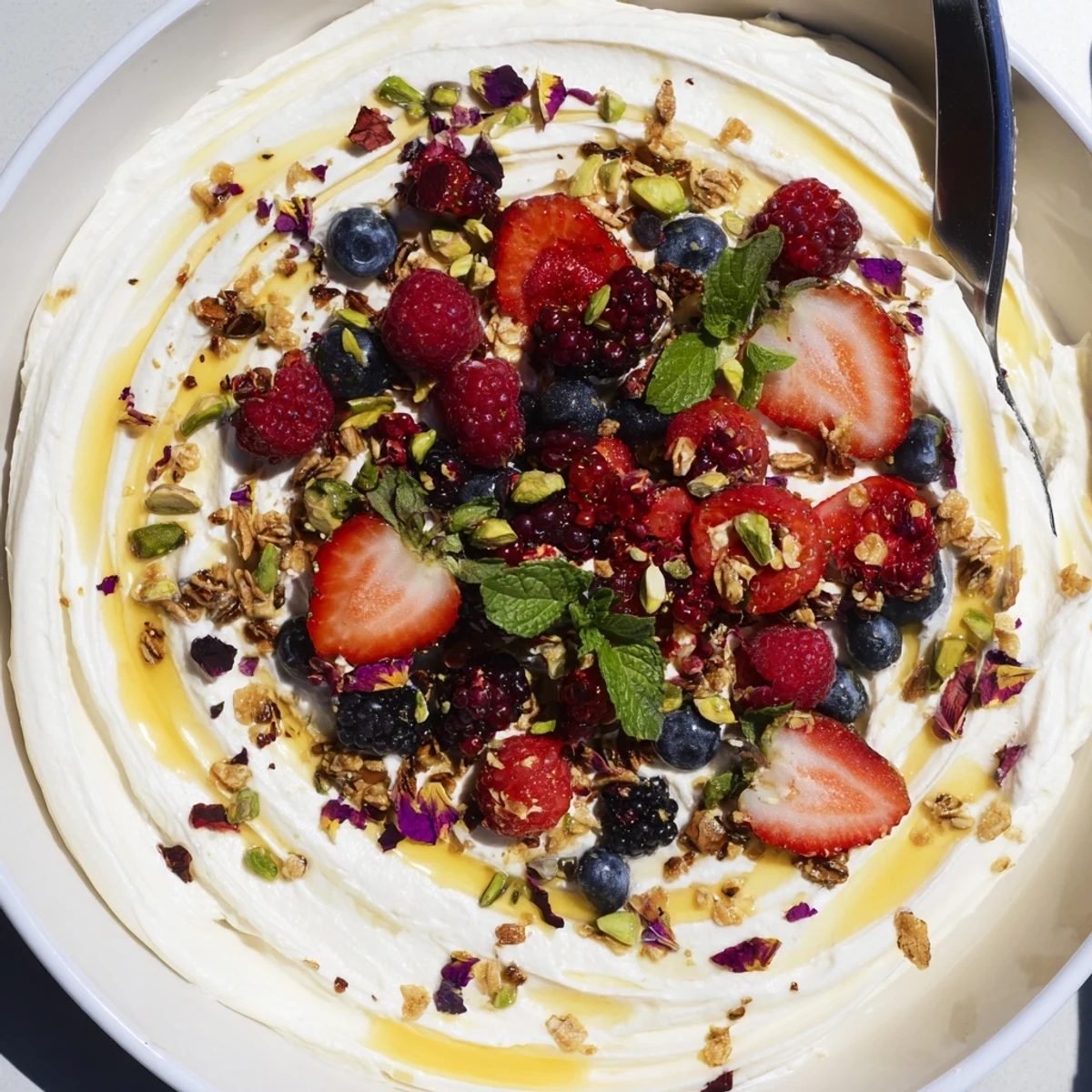 Delicious Butter Board Dessert Version topped with fresh berries and crunchy nuts.  