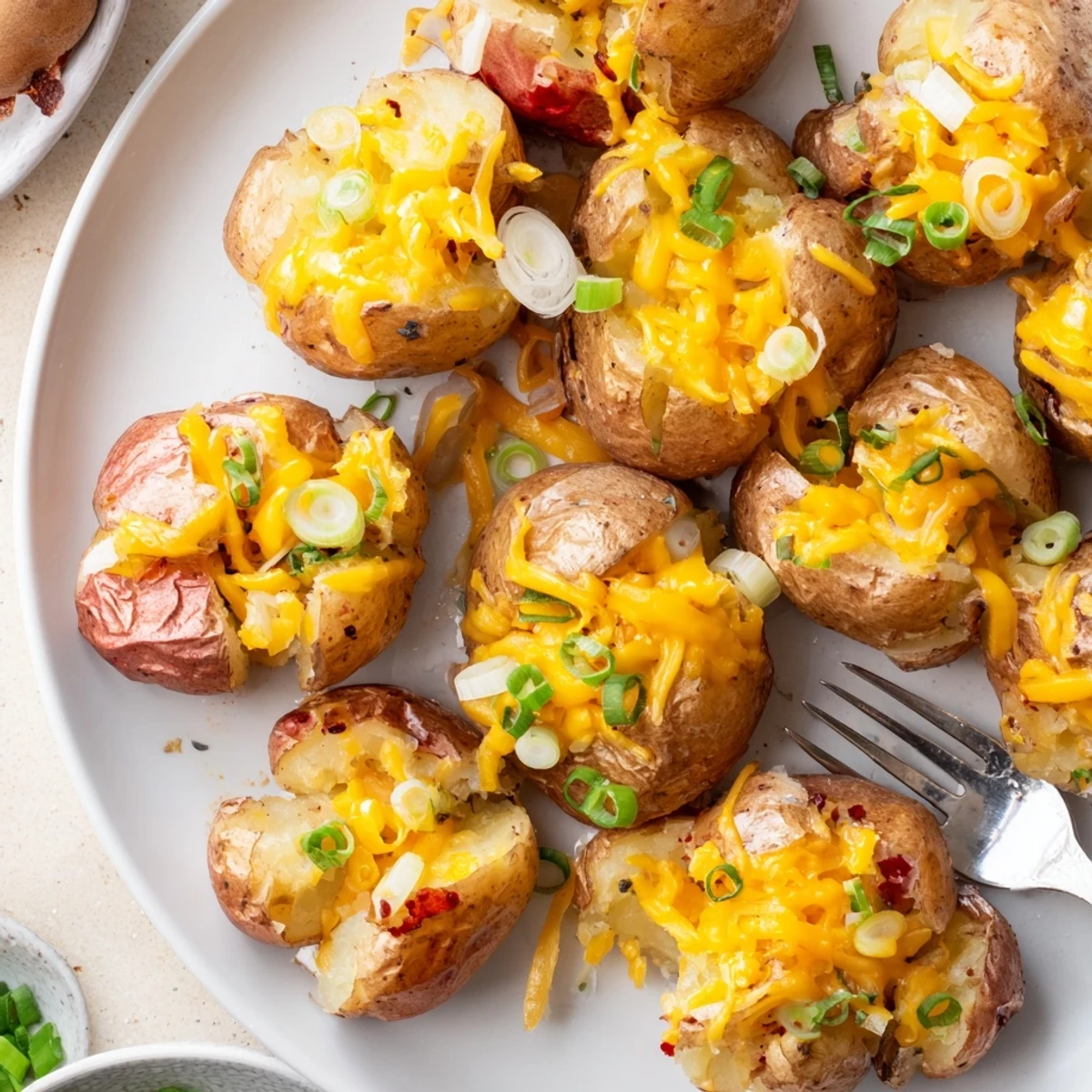Crispy smashed green onion potato bombs topped with melted cheese and herbs.  