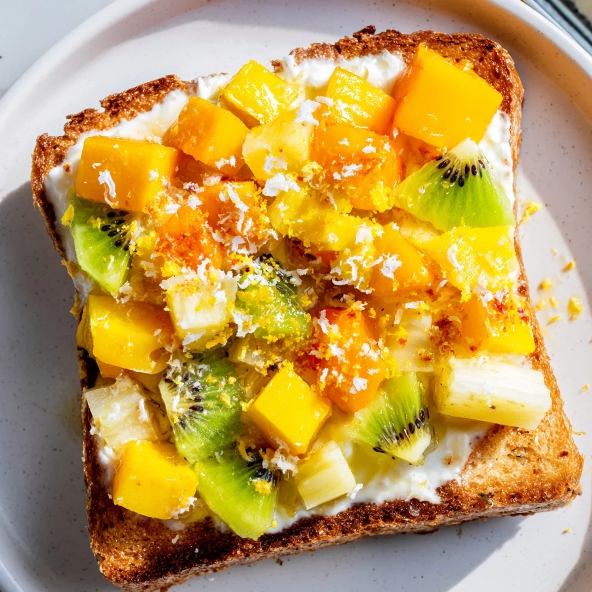 Creamy yogurt-custard toast topped with fresh tropical fruits and shredded coconut.  
