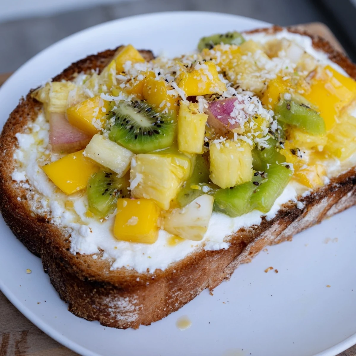 Vibrant yogurt-custard toast with mango, kiwi, and pineapple for a refreshing breakfast.  