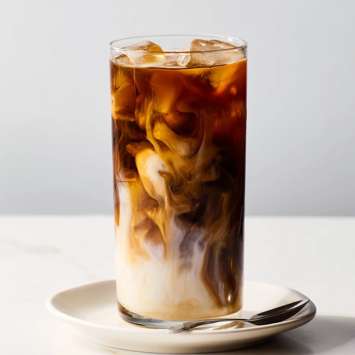 Creamy tahini iced coffee topped with plant-based milk and ice cubes.  