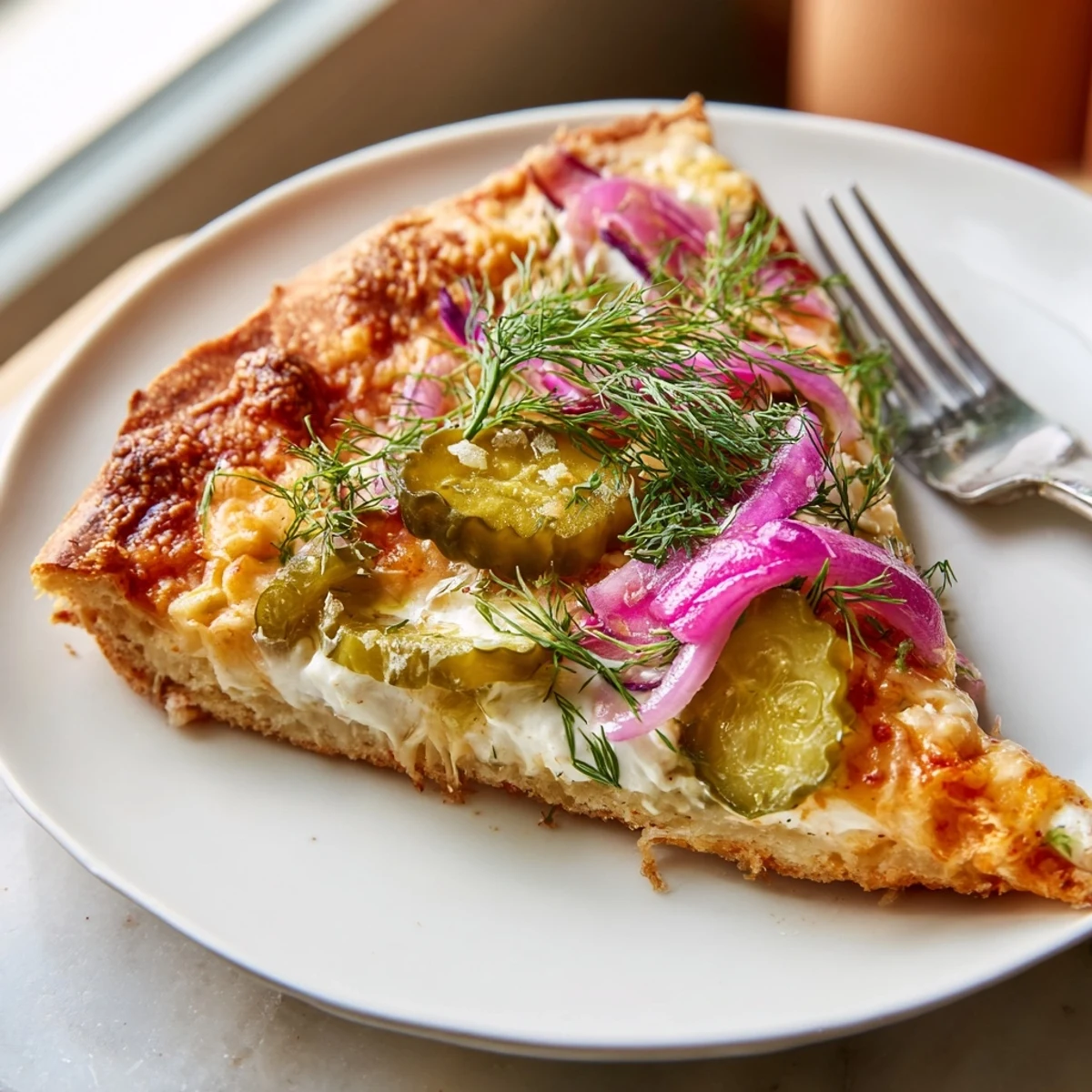 Tangy Pickle Pizza garnished with fresh dill, perfect for adventurous eaters.  